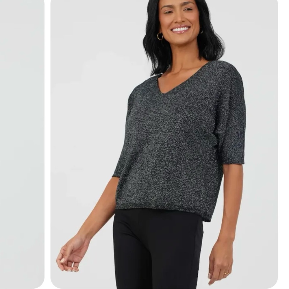 Suzy D‎ London FLORENTINE V NECK SPARKLE BATWING KNIT Sweater Navy Sz LG